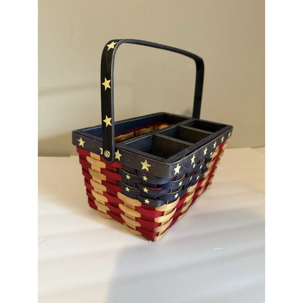 Country Cottage Woven Wood Utensil Basket Patriotic American Flag Stars Stripes